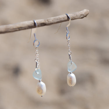 Aqua Blue Sea Glass + Baroque Pearl Dangle Earrings